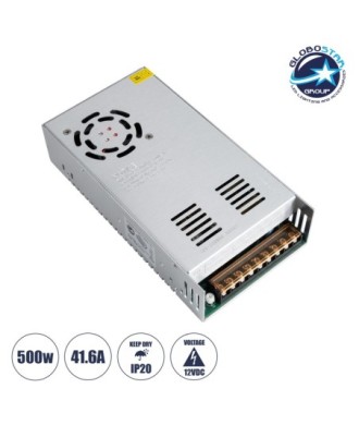 GloboStar® 73038 Μεταλλικό Τροφοδοτικό PELV για Προϊόντα LED 500W 41.6A - AC 220-240V σε DC 12V - IP20 Μ21 x Π11 x Υ5cm - 2 Χρόνια Εγγύηση